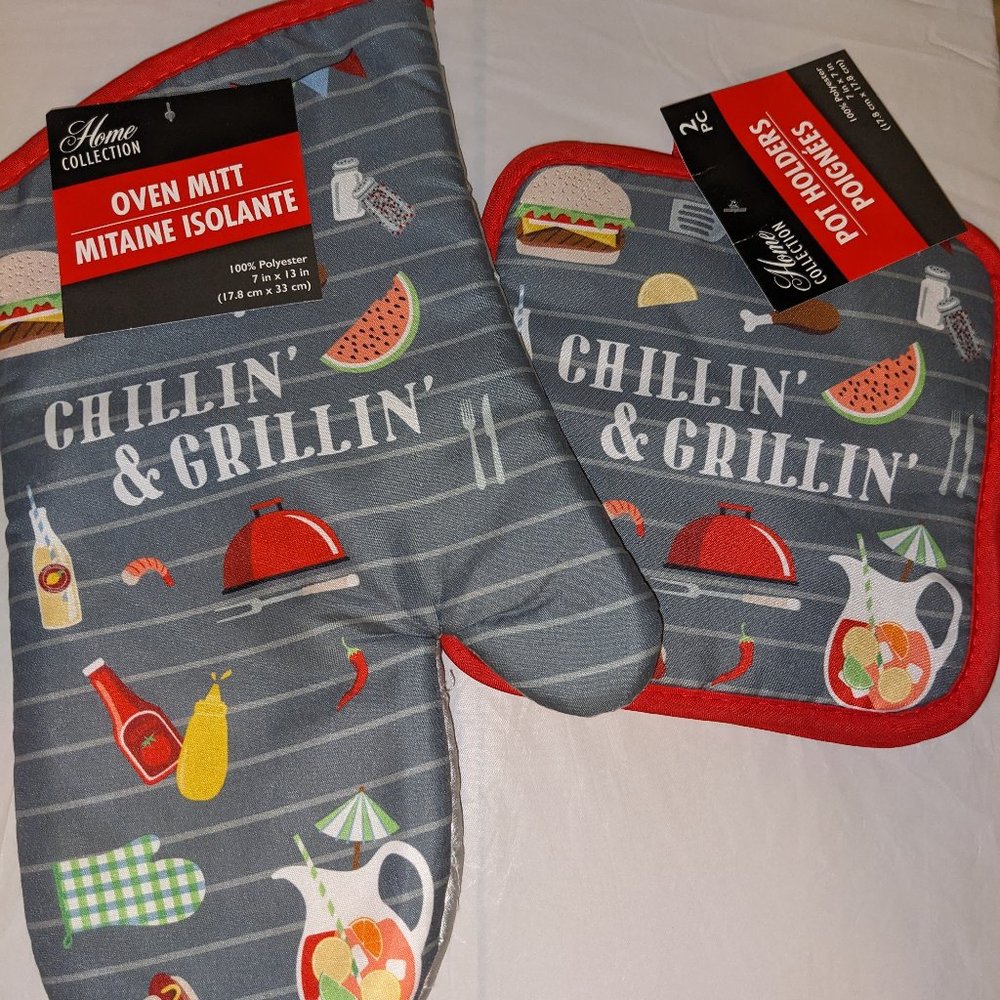 3PC Set Kitchen Oven Mitt & 2 Pot Holders - Chillin' & Grillin'